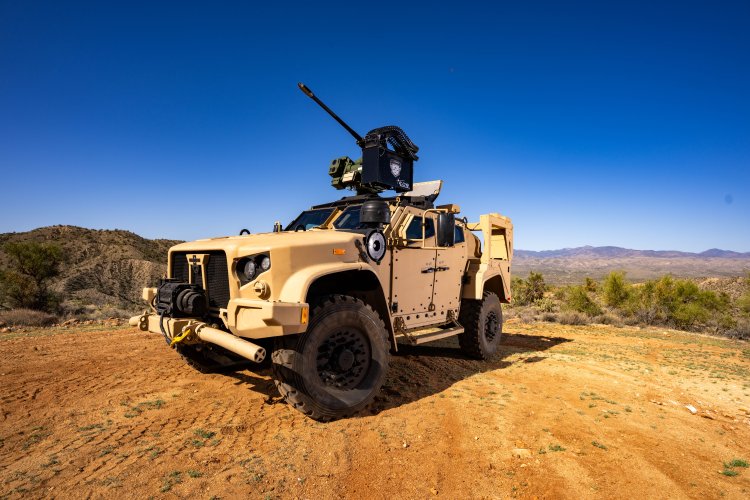 EOS Slinger Remote Weapon System mounted on a JLTV during the Northrop Grumman Bushmaster Users Conference 2025.